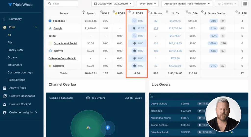 Triple Whale ROAS per platform