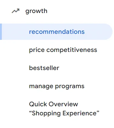 Google Merchant Center 左侧导航栏中的 Growth 与 Manage Programs