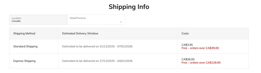 Shein shipping info for Canada
