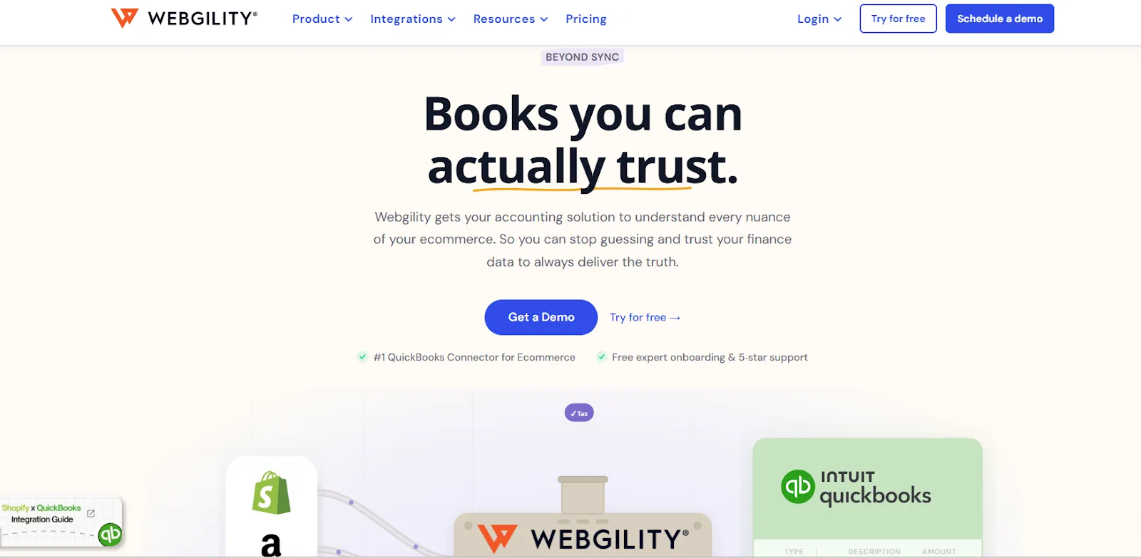Webgility首页标题"您可以真正信任的账本"和QuickBooks集成信息