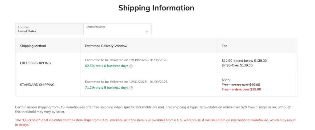 Shein US shipping information