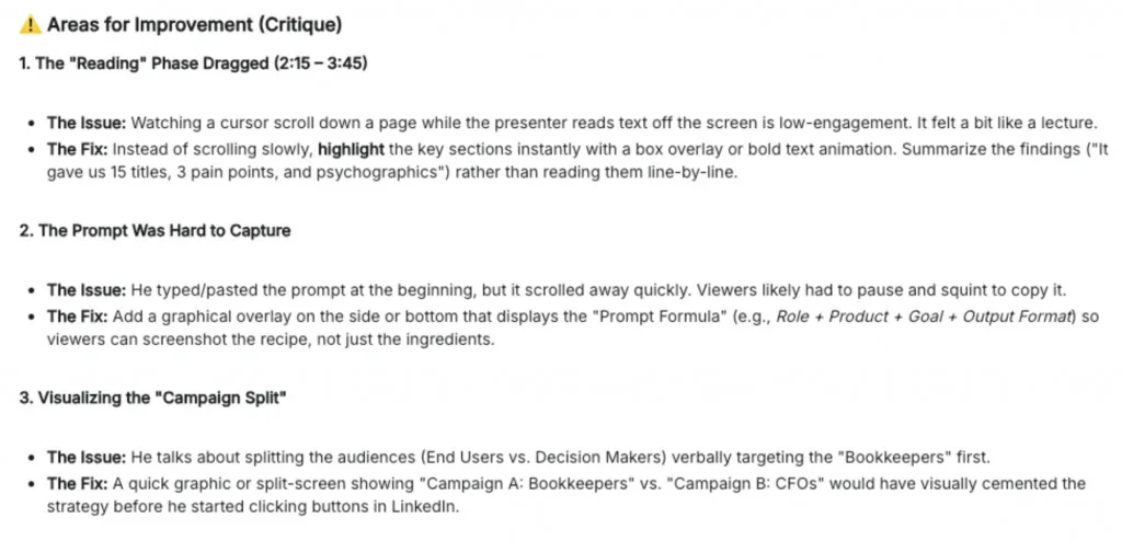 Gemini analysis on CXL demo video: areas of improvement