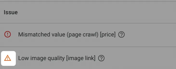 Google Merchant Center 中的警告指示器