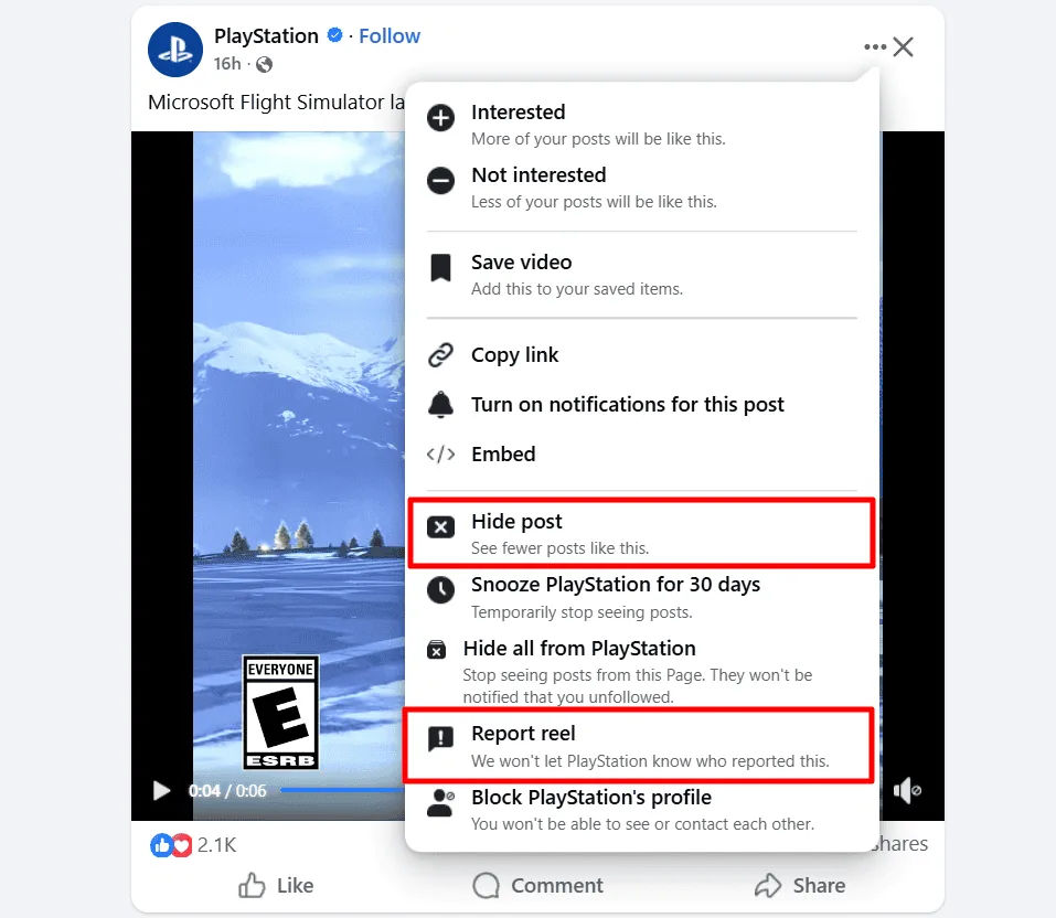 Facebook Ads hide and report buttons