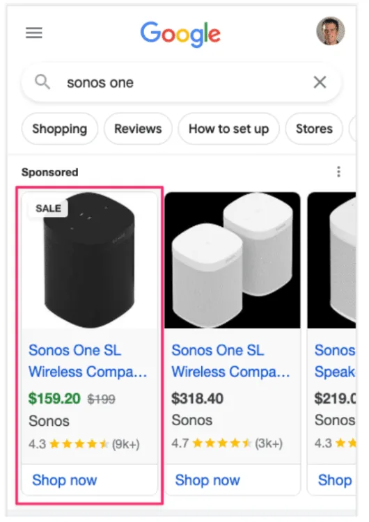 搜索"sonos one"查询时的绝对顶部展示份额