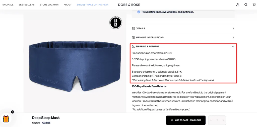Product page shipping details example