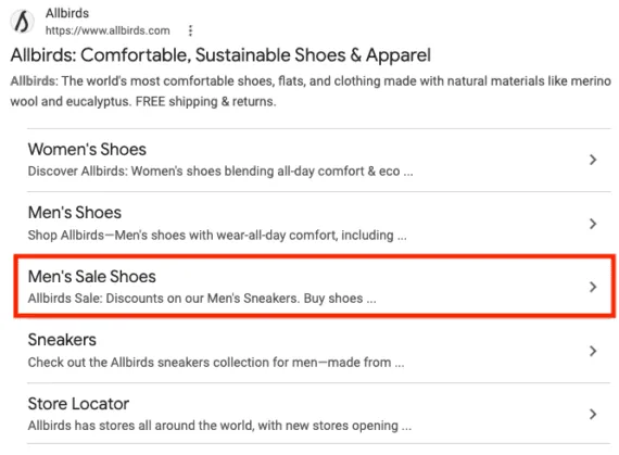 Allbirds 广告的截图，包含五个站点链接。