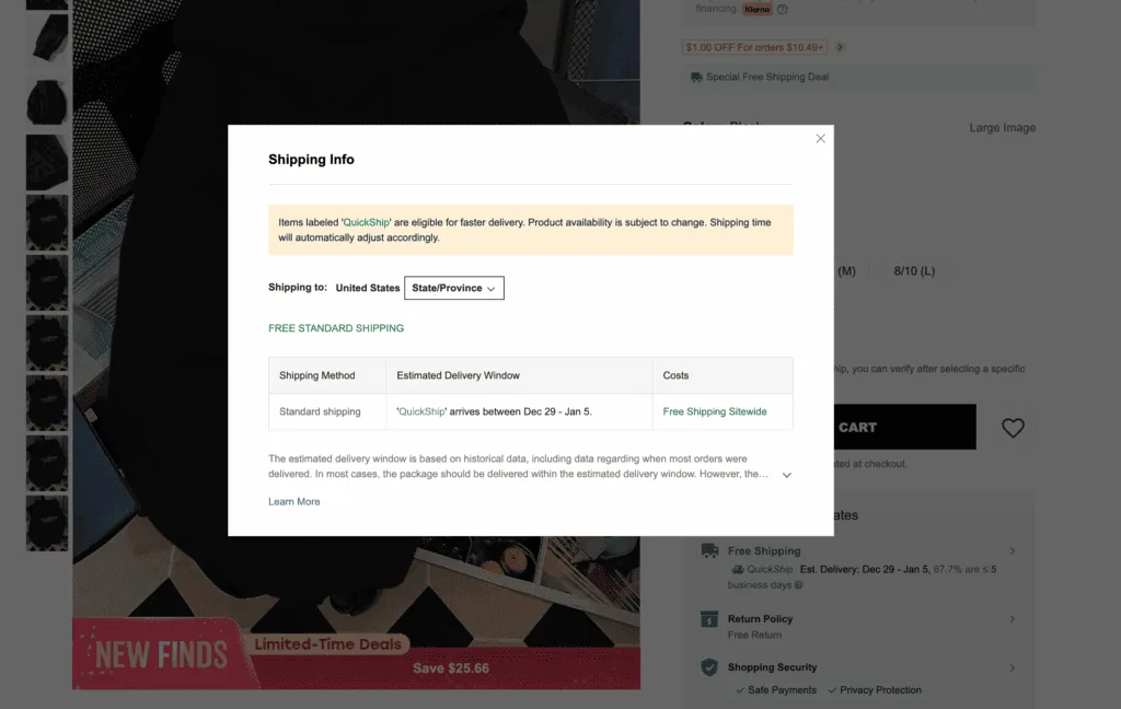 Quickship shipping info US