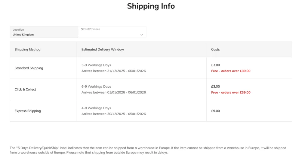 Shein shipping info UK