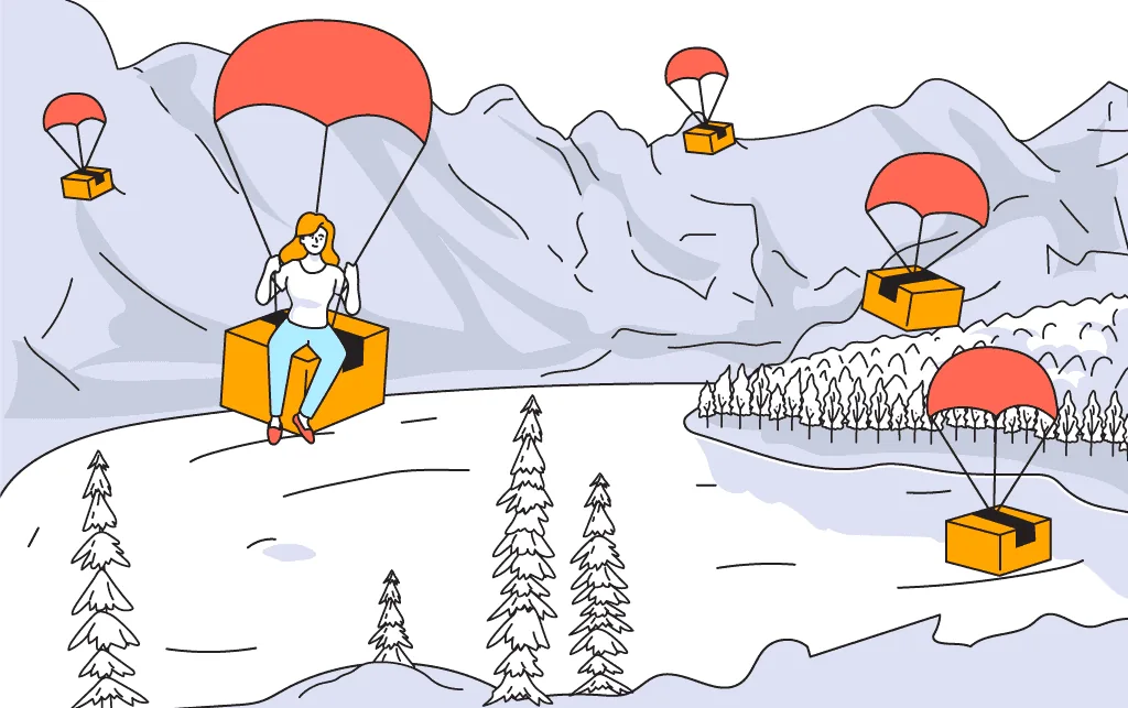 Someone flying on a package in the mountains