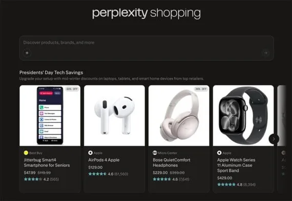 Perplexity Shopping 展示耳机选项的截图
