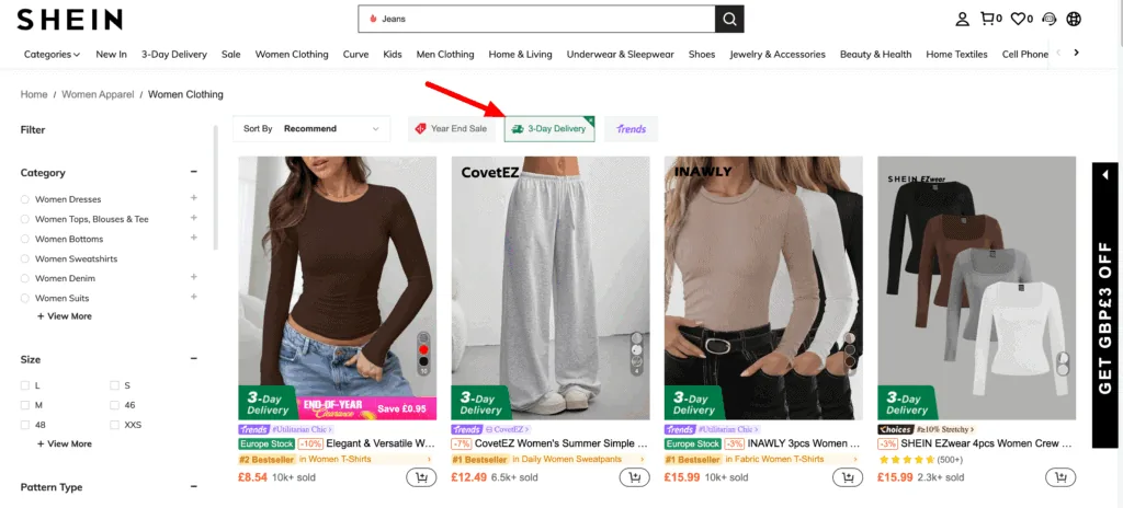 Shein 3-day delivery filter for the UK