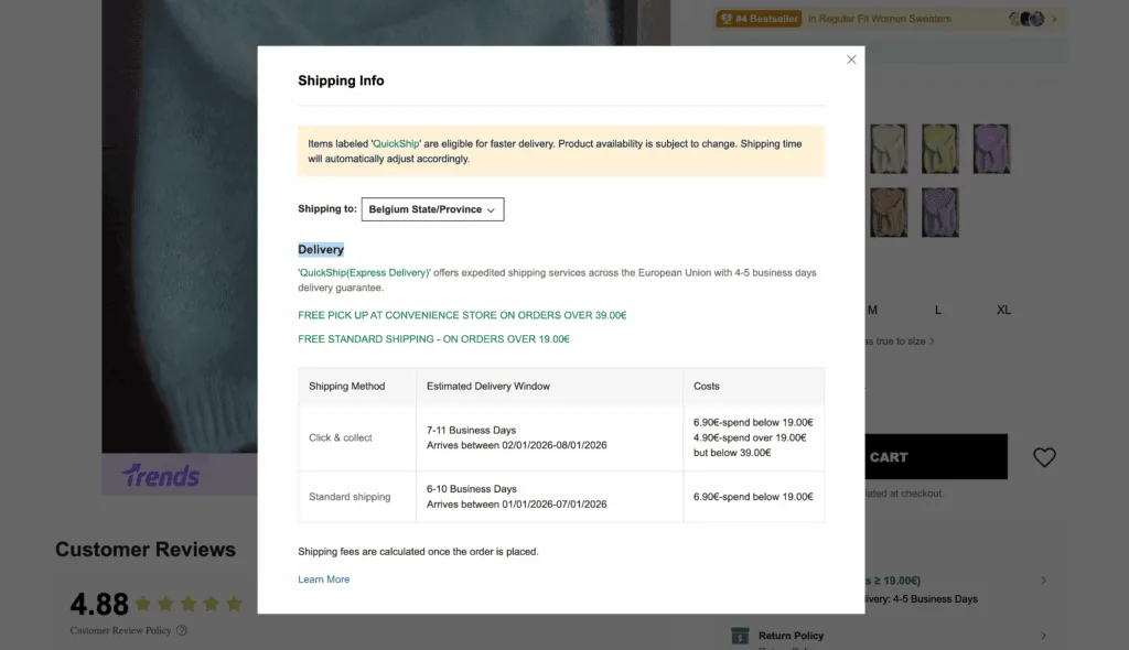 Shein QuickShip Europe delivery time