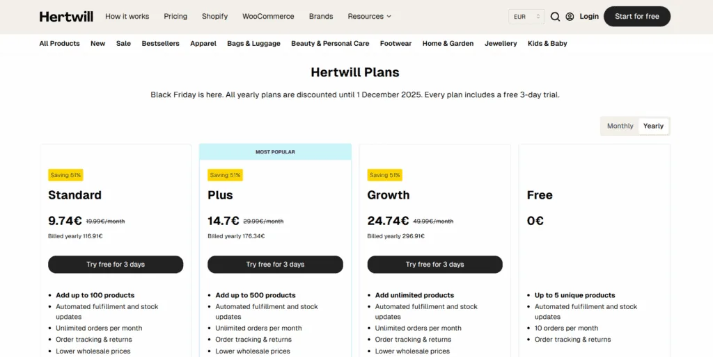 Hertwill Black Friday pricing